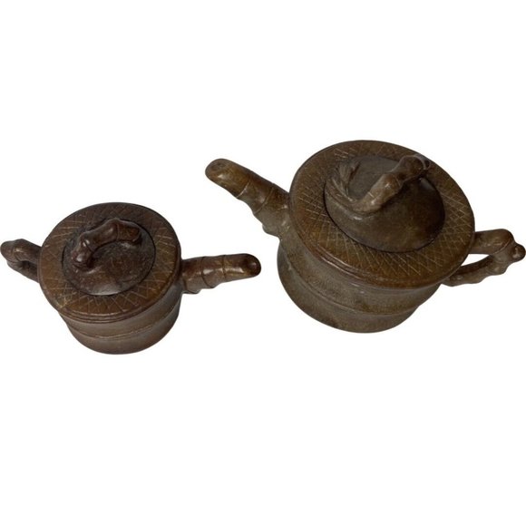 Soapstone Teapot Vintage Asian Carved Soapstone Mini Set of 2 Brown - Picture 4 of 6